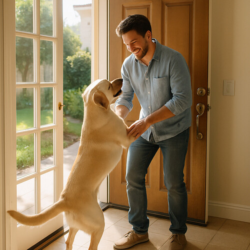 Labrador jumping on person at front door, owner redirecting dog