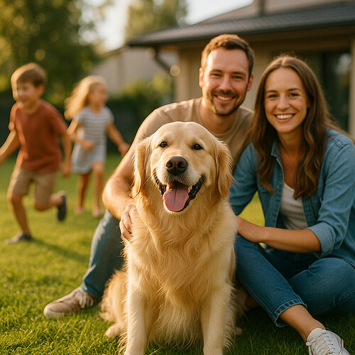 A happy golden retriever with a family in a sunny suburban backyard