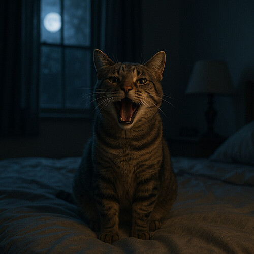 A tabby cat meowing on a bed at night with moonlight through the window