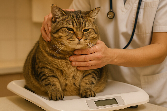 A chubby tabby cat sitting on a veterinary scale being gently examined by a vet