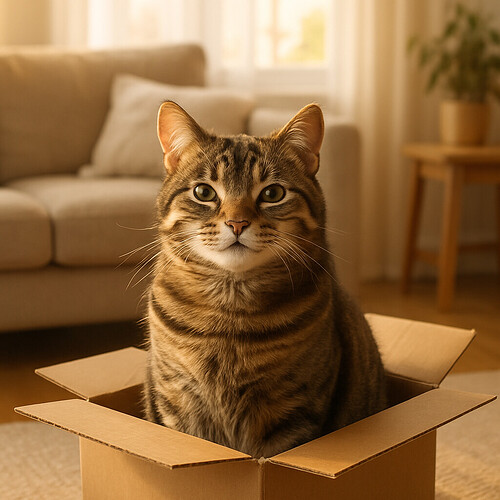 Tabby cat sitting contentedly inside a cardboard box in a bright cozy living room