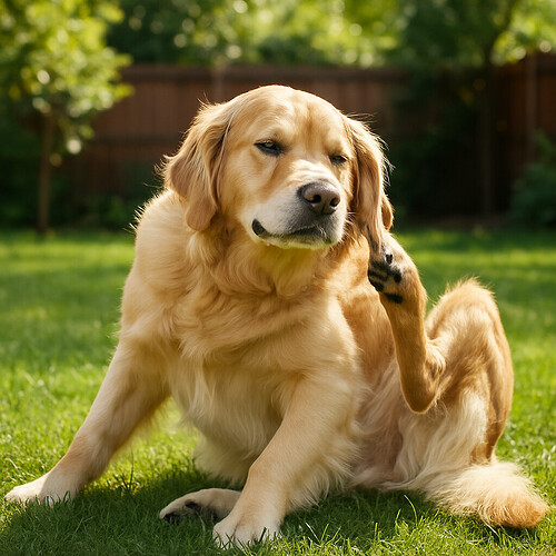 Golden retriever dog scratching its ear while sitting in a sunny backyard
