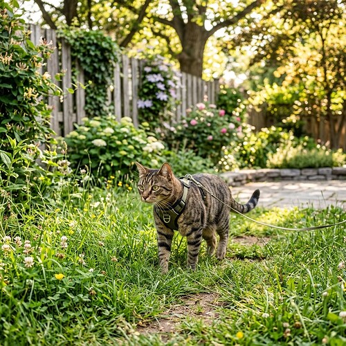 cat wearing harness outdoors