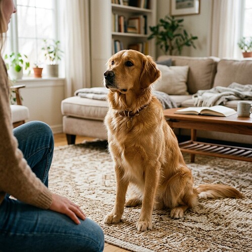 dog staring at owner