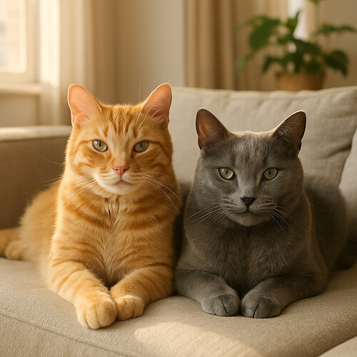 Two cats sitting peacefully together on a couch