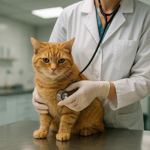 A ginger cat being examined by a veterinarian at a clinic