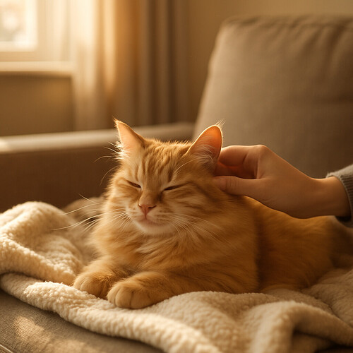 Orange tabby cat resting peacefully on a cozy fleece blanket
