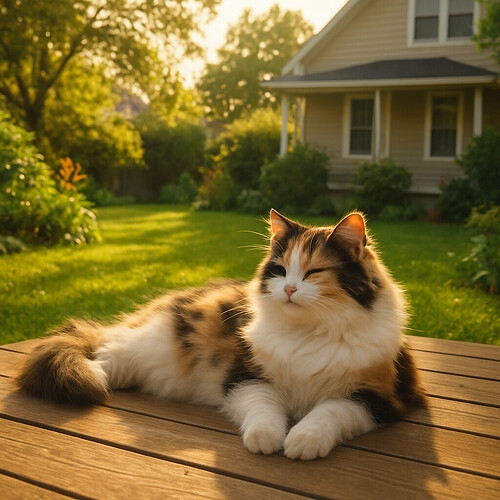 Calico cat relaxing contentedly in a sunny backyard garden