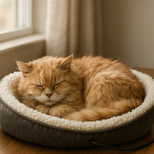Fluffy orange cat sleeping contentedly in a round heated pet bed near a window