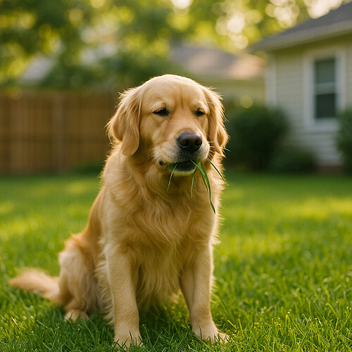 Golden retriever nibbling grass in a sunny backyard