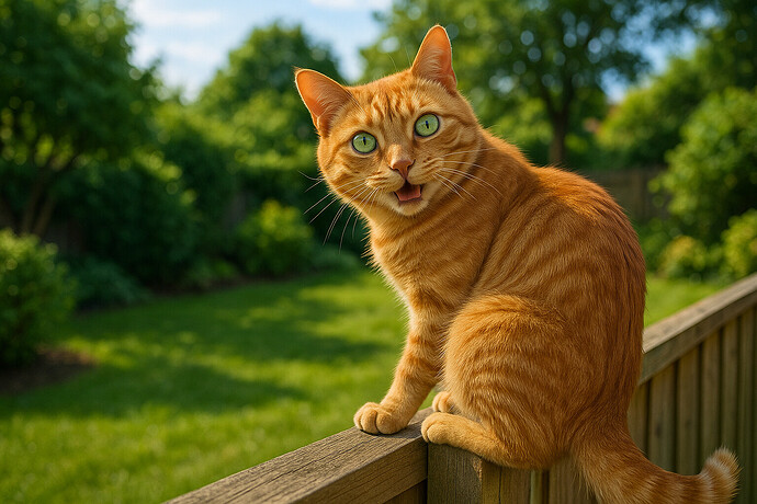 Mischievous orange tabby cat perched on a backyard fence looking back with a cheeky expression