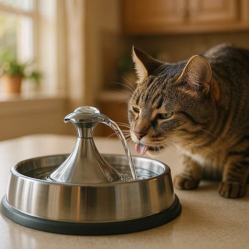 Cat drinking from a stainless steel water fountain