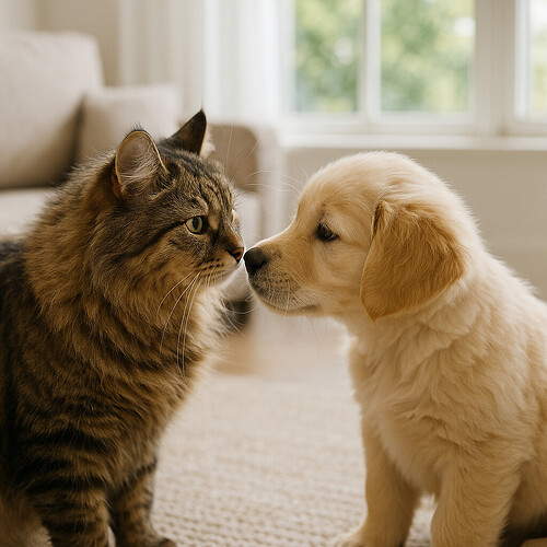 Tabby cat and golden retriever puppy meeting indoors