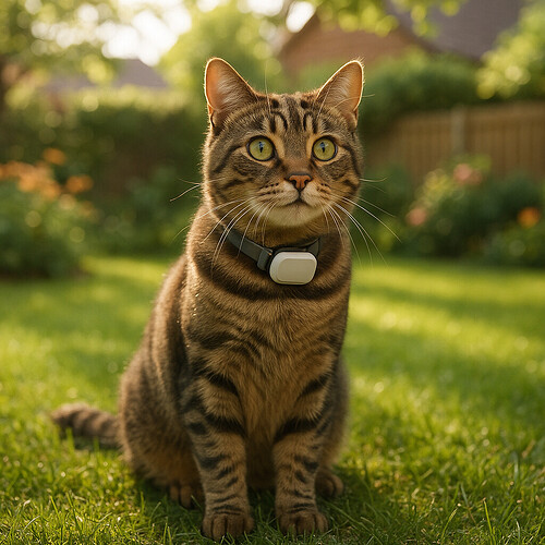 GPS cat tracker on tabby in sunny backyard