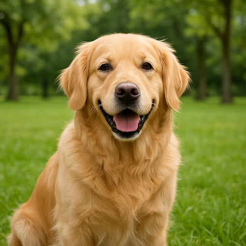 A friendly golden retriever in a park showing relaxed body language