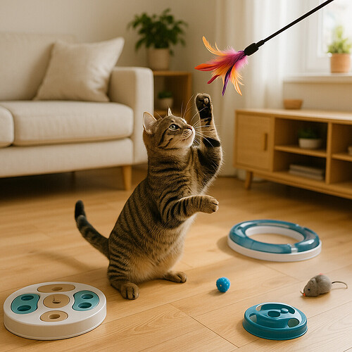 Tabby cat playing with interactive toys in a bright living room