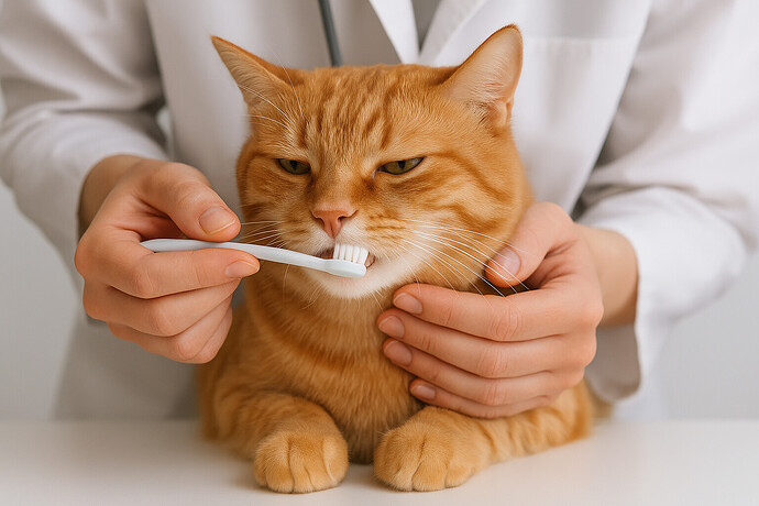 Person brushing a calm cat's teeth with a small toothbrush