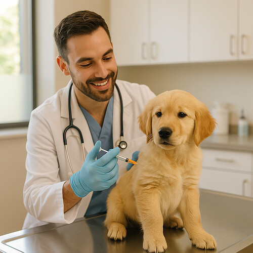 Golden retriever puppy getting a vaccine at the vet