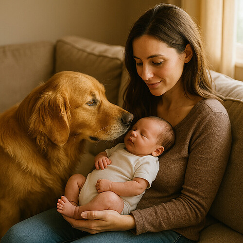 golden retriever meeting newborn baby