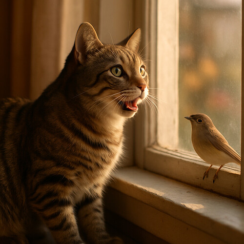 A tabby cat on a windowsill chirping at a bird outside the window