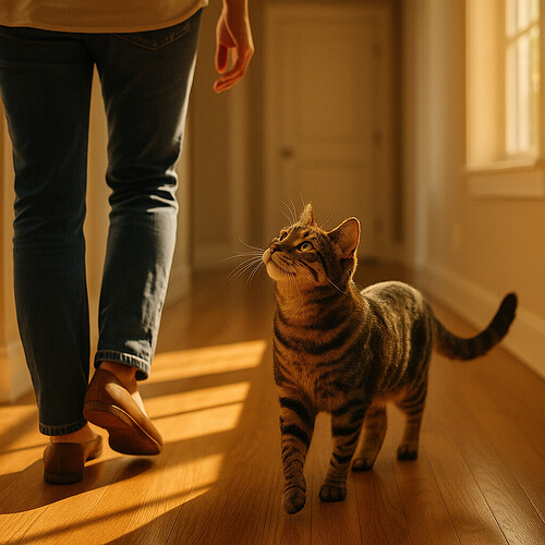 A tabby cat following its owner through a sunlit hallway