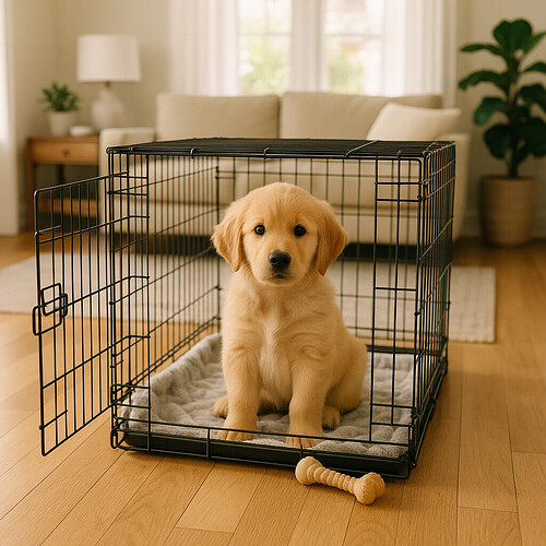golden retriever puppy in crate